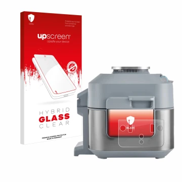 Vorderseite einer Produktverpackung mit dem Markenlogo upscreen. Daneben ist das Gerät Ninja Speedi Rapid Cooking System mit d