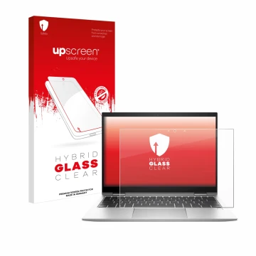 Vorderseite einer Produktverpackung mit dem Markenlogo upscreen. Daneben ist das Gerät HP EliteBook x360 830 G10 mit dem zugeh