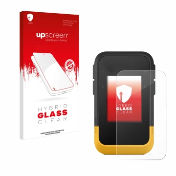 Vorderseite einer Produktverpackung mit dem Markenlogo upscreen. Daneben ist das Gerät Garmin eTrex SE mit dem zugehörigen Dis