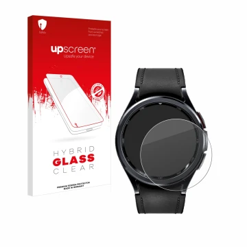 Vorderseite einer Produktverpackung mit dem Markenlogo upscreen. Daneben ist das Gerät Samsung Galaxy Watch 6 Classic (43 mm) 