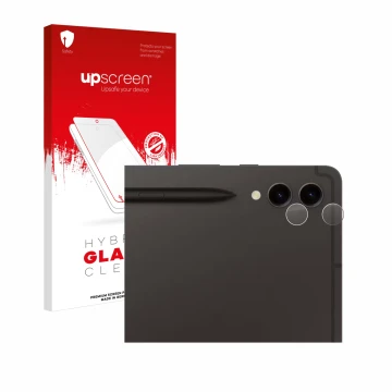 Vorderseite einer Produktverpackung mit dem Markenlogo upscreen. Daneben ist das Gerät Samsung Galaxy Tab S9 Plus WiFi (NUR Ka