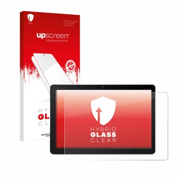 Vorderseite einer Produktverpackung mit dem Markenlogo upscreen. Daneben ist das Gerät Acer Iconia Tab M10 mit dem zugehörigen