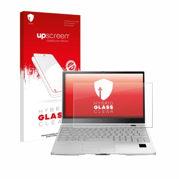 Vorderseite einer Produktverpackung mit dem Markenlogo upscreen. Daneben ist das Gerät Fujitsu Lifebook U9313X mit dem zugehör