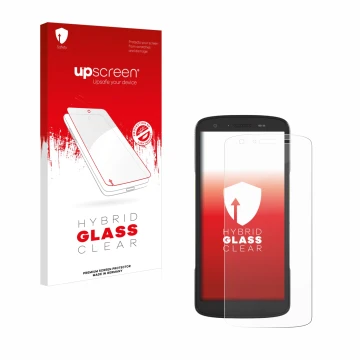 Vorderseite einer Produktverpackung mit dem Markenlogo upscreen. Daneben ist das Gerät Zebra TC27 mit dem zugehörigen Displays