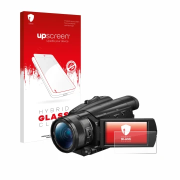 Vorderseite einer Produktverpackung mit dem Markenlogo upscreen. Daneben ist das Gerät Sony FDR-AX700 mit dem zugehörigen Disp