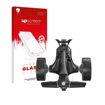 Vorderseite einer Produktverpackung mit dem Markenlogo upscreen. Daneben ist das Gerät Motocaddy M7 GPS Electric Trolley mit d