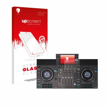 Vorderseite einer Produktverpackung mit dem Markenlogo upscreen. Daneben ist das Gerät Denon DJ SC LIVE 4 mit dem zugehörigen 