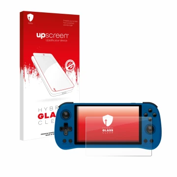 Vorderseite einer Produktverpackung mit dem Markenlogo upscreen. Daneben ist das Gerät Powkiddy X55 mit dem zugehörigen Displa