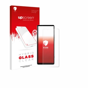 Vorderseite einer Produktverpackung mit dem Markenlogo upscreen. Daneben ist das Gerät Sony Xperia 5 V mit dem zugehörigen Dis