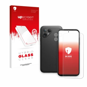 Vorderseite einer Produktverpackung mit dem Markenlogo upscreen. Daneben ist das Gerät Fairphone 5 (Display+Kamera) mit dem zu