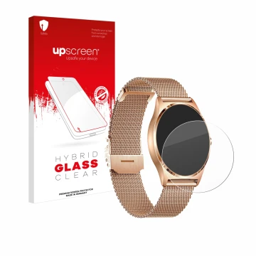 Vorderseite einer Produktverpackung mit dem Markenlogo upscreen. Daneben ist das Gerät Xcoast X-Watch Joli XC Pro mit dem zuge