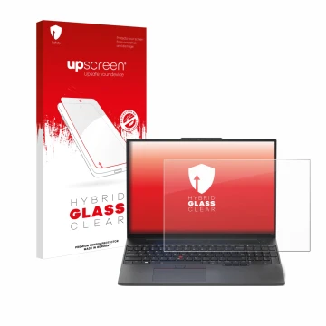 Vorderseite einer Produktverpackung mit dem Markenlogo upscreen. Daneben ist das Gerät Lenovo ThinkPad E16 Gen 1 mit dem zugeh
