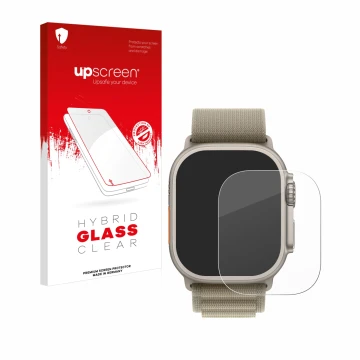 Vorderseite einer Produktverpackung mit dem Markenlogo upscreen. Daneben ist das Gerät Apple Watch Ultra 2 (49 mm) mit dem zug