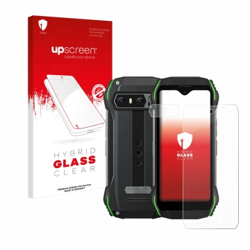 Vorderseite einer Produktverpackung mit dem Markenlogo upscreen. Daneben ist das Gerät Blackview N6000 (Display+Kamera) mit de