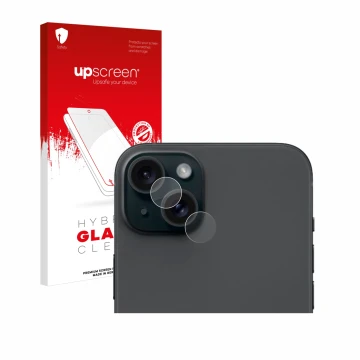 Vorderseite einer Produktverpackung mit dem Markenlogo upscreen. Daneben ist das Gerät Apple iPhone 15 Plus (NUR Kameraschutz)