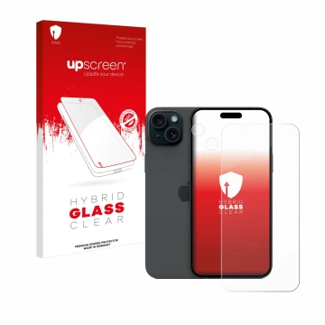 Vorderseite einer Produktverpackung mit dem Markenlogo upscreen. Daneben ist das Gerät Apple iPhone 15 Plus (Display+Kamera) m
