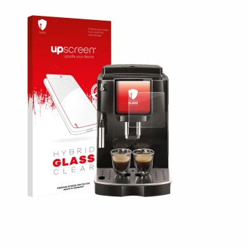 Vorderseite einer Produktverpackung mit dem Markenlogo upscreen. Daneben ist das Gerät DeLonghi Magnifica Start ECAM222.60 mit