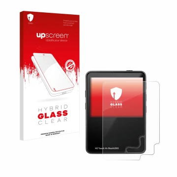 Vorderseite einer Produktverpackung mit dem Markenlogo upscreen. Daneben ist das Gerät HifiWalker H2 touch mit dem zugehörigen
