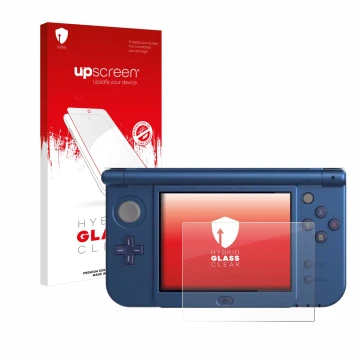 Vorderseite einer Produktverpackung mit dem Markenlogo upscreen. Daneben ist das Gerät Nintendo New 3DS XL (Unteres Display) m