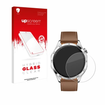 Vorderseite einer Produktverpackung mit dem Markenlogo upscreen. Daneben ist das Gerät Huawei Watch GT 4 (46mm) mit dem zugehö