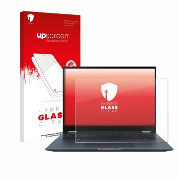 Vorderseite einer Produktverpackung mit dem Markenlogo upscreen. Daneben ist das Gerät ASUS Vivobook S 14 Flip TP3402 mit dem 