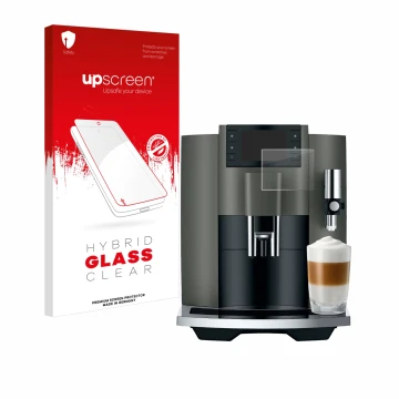 Vorderseite einer Produktverpackung mit dem Markenlogo upscreen. Daneben ist das Gerät Jura E8 (EC) mit dem zugehörigen Displa