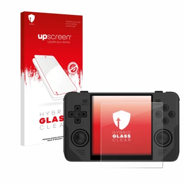 Vorderseite einer Produktverpackung mit dem Markenlogo upscreen. Daneben ist das Gerät Powkiddy RGB30 mit dem zugehörigen Disp