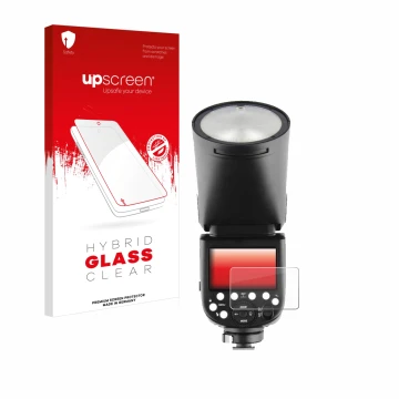 Vorderseite einer Produktverpackung mit dem Markenlogo upscreen. Daneben ist das Gerät Godox V1 mit dem zugehörigen Displaysch