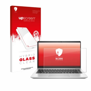 Vorderseite einer Produktverpackung mit dem Markenlogo upscreen. Daneben ist das Gerät HP EliteBook 645 G10 mit dem zugehörige