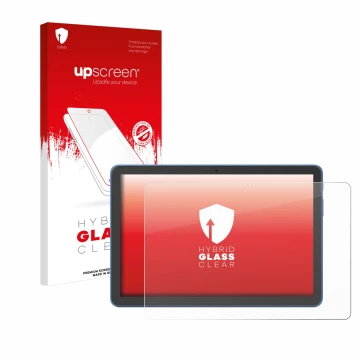 Vorderseite einer Produktverpackung mit dem Markenlogo upscreen. Daneben ist das Gerät Amazon Fire HD 10 2023 (13. Gen.) mit d