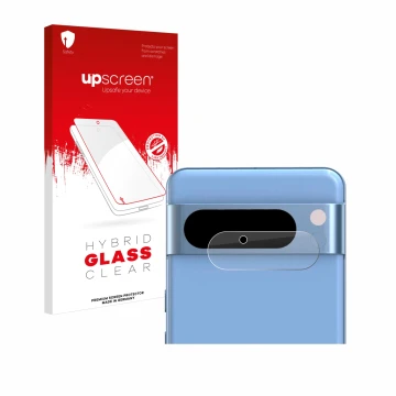 Vorderseite einer Produktverpackung mit dem Markenlogo upscreen. Daneben ist das Gerät Google Pixel 8 Pro (NUR Kameraschutz) m