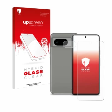 Vorderseite einer Produktverpackung mit dem Markenlogo upscreen. Daneben ist das Gerät Google Pixel 8 (Display+Kamera) mit dem