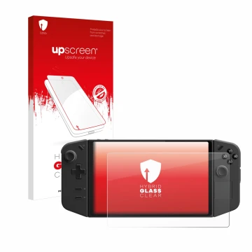 Vorderseite einer Produktverpackung mit dem Markenlogo upscreen. Daneben ist das Gerät Lenovo Legion Go mit dem zugehörigen Di