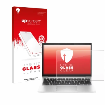 Vorderseite einer Produktverpackung mit dem Markenlogo upscreen. Daneben ist das Gerät HP EliteBook 830 G10 Laptop-PC mit dem 