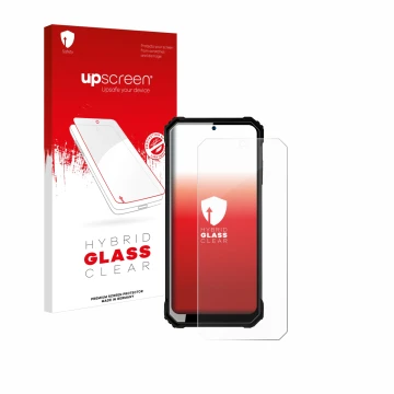 Vorderseite einer Produktverpackung mit dem Markenlogo upscreen. Daneben ist das Gerät Oukitel WP23 mit dem zugehörigen Displa