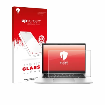 Vorderseite einer Produktverpackung mit dem Markenlogo upscreen. Daneben ist das Gerät HP EliteBook 845 G10 mit dem zugehörige
