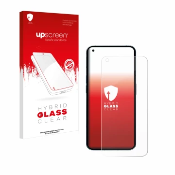 Vorderseite einer Produktverpackung mit dem Markenlogo upscreen. Daneben ist das Gerät Nothing Phone (1) (case-friendly) mit d