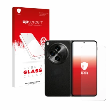 Vorderseite einer Produktverpackung mit dem Markenlogo upscreen. Daneben ist das Gerät OnePlus Open mit dem zugehörigen Displa