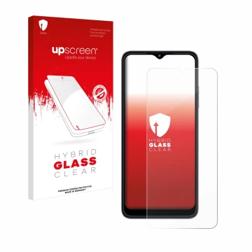 Vorderseite einer Produktverpackung mit dem Markenlogo upscreen. Daneben ist das Gerät Telekom T Phone (2023) mit dem zugehöri