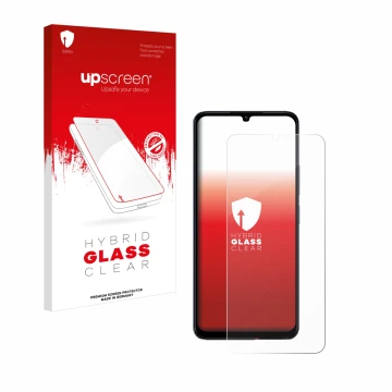 Vorderseite einer Produktverpackung mit dem Markenlogo upscreen. Daneben ist das Gerät Xiaomi Poco C65 mit dem zugehörigen Dis