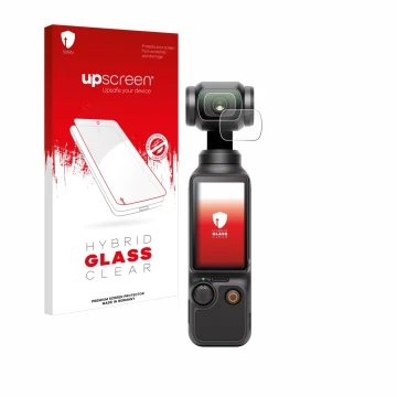 Vorderseite einer Produktverpackung mit dem Markenlogo upscreen. Daneben ist das Gerät DJI Osmo Pocket 3 (Linse) mit dem zugeh