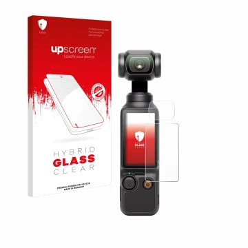 Vorderseite einer Produktverpackung mit dem Markenlogo upscreen. Daneben ist das Gerät DJI Osmo Pocket 3 (Display + Linse) mit