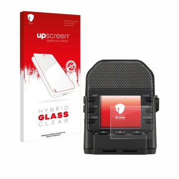 Vorderseite einer Produktverpackung mit dem Markenlogo upscreen. Daneben ist das Gerät Zoom Q2n-4K mit dem zugehörigen Display