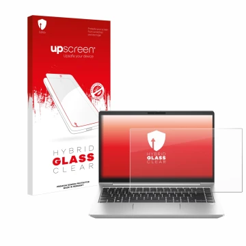 Vorderseite einer Produktverpackung mit dem Markenlogo upscreen. Daneben ist das Gerät HP ProBook 445 G10 mit dem zugehörigen 