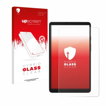 Vorderseite einer Produktverpackung mit dem Markenlogo upscreen. Daneben ist das Gerät Samsung Galaxy Tab A9 WiFi mit dem zuge