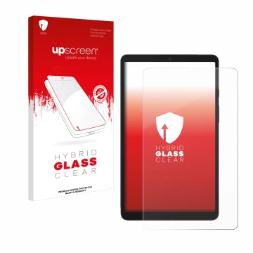 Vorderseite einer Produktverpackung mit dem Markenlogo upscreen. Daneben ist das Gerät Samsung Galaxy Tab A9 LTE mit dem zugeh