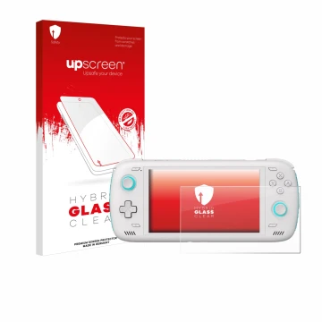 Vorderseite einer Produktverpackung mit dem Markenlogo upscreen. Daneben ist das Gerät AYN Odin 2 mit dem zugehörigen Displays