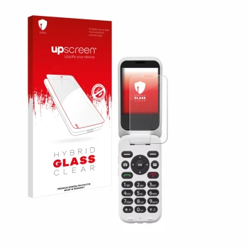 Vorderseite einer Produktverpackung mit dem Markenlogo upscreen. Daneben ist das Gerät Doro 6820 mit dem zugehörigen Displaysc