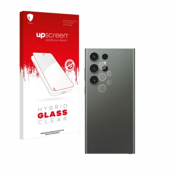 Vorderseite einer Produktverpackung mit dem Markenlogo upscreen. Daneben ist das Gerät Samsung Galaxy S23 Ultra Enterprise Edi