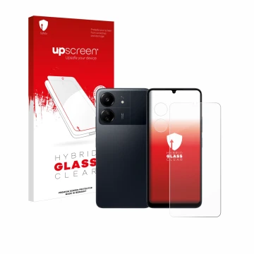 Vorderseite einer Produktverpackung mit dem Markenlogo upscreen. Daneben ist das Gerät Xiaomi Poco C65 (Display+Kamera) mit de